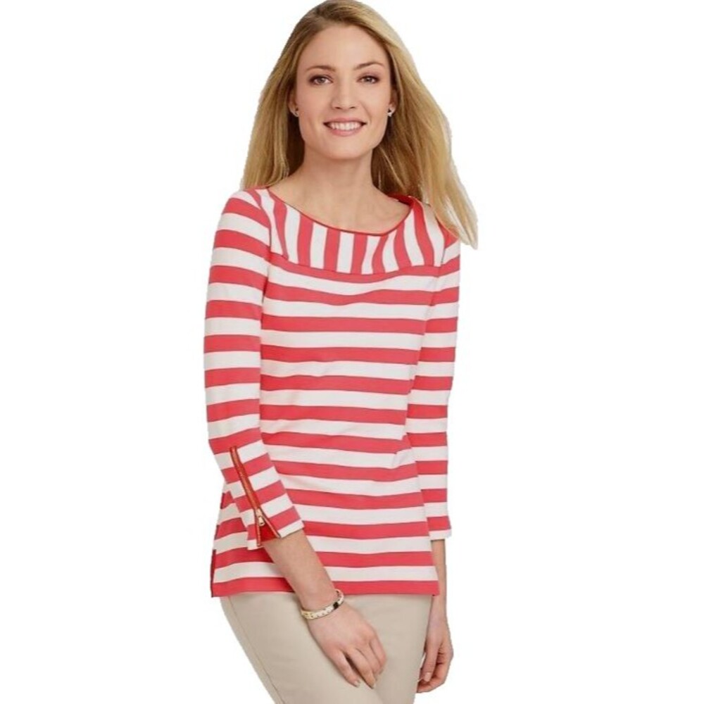 Talbots LP Coral White Stripe Knit Top Gold Zipper Detail 3/4 Sleeve Pre‑Owned